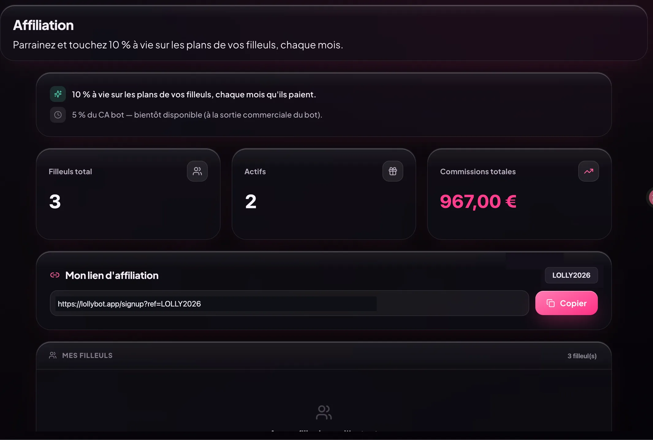 Affiliation : lien de parrainage et commissions récurrentes